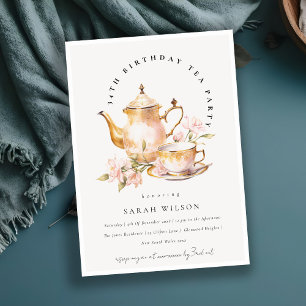 Pink Gold Floral Tea Set Birthday Tea Party Invitation