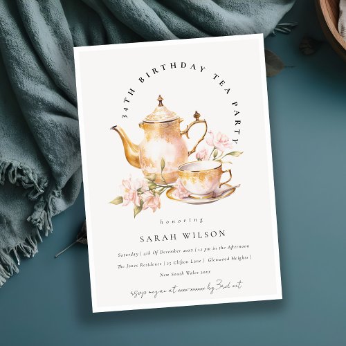 Pink Gold Floral Tea Set Birthday Tea Party  Invitation