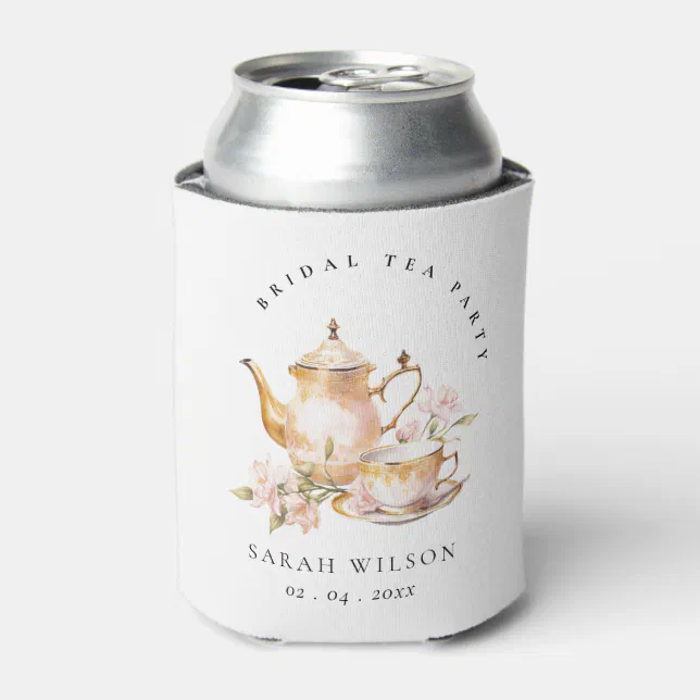 Pink Gold Floral Tea Set Bridal Shower Tea Party Can Cooler | Zazzle