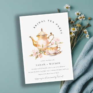 Pink Gold Floral Tea Set Bridal Shower Tea Party  Invitation
