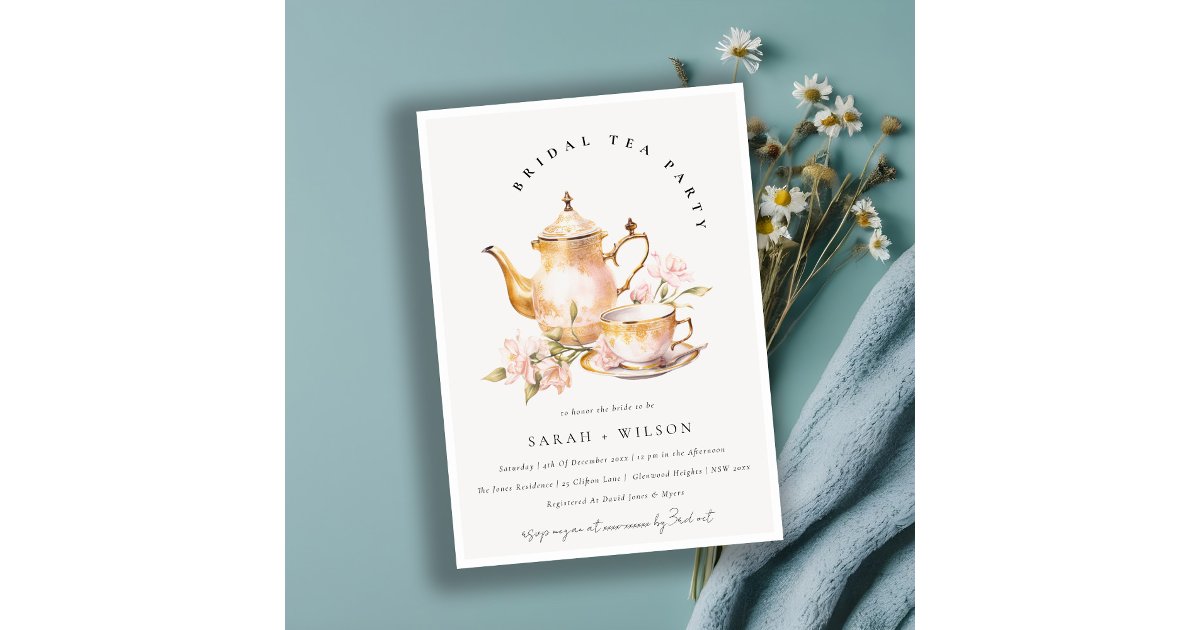 Pink Gold Floral Tea Set Bridal Shower Tea Party Invitation | Zazzle