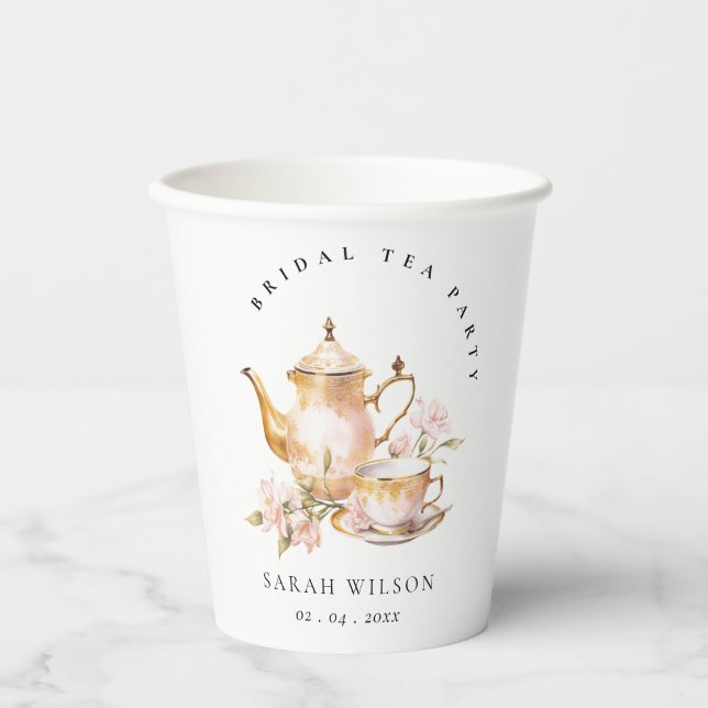 Pink Gold Floral Tea Set Bridal Shower Tea Party  Paper Cups (Front)