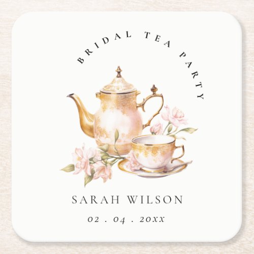 Pink Gold Floral Tea Set Bridal Shower Tea Party  Square Paper Coaster