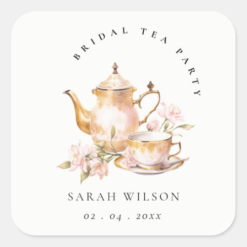 Pink Gold Floral Tea Set Bridal Shower Tea Party  Square Sticker