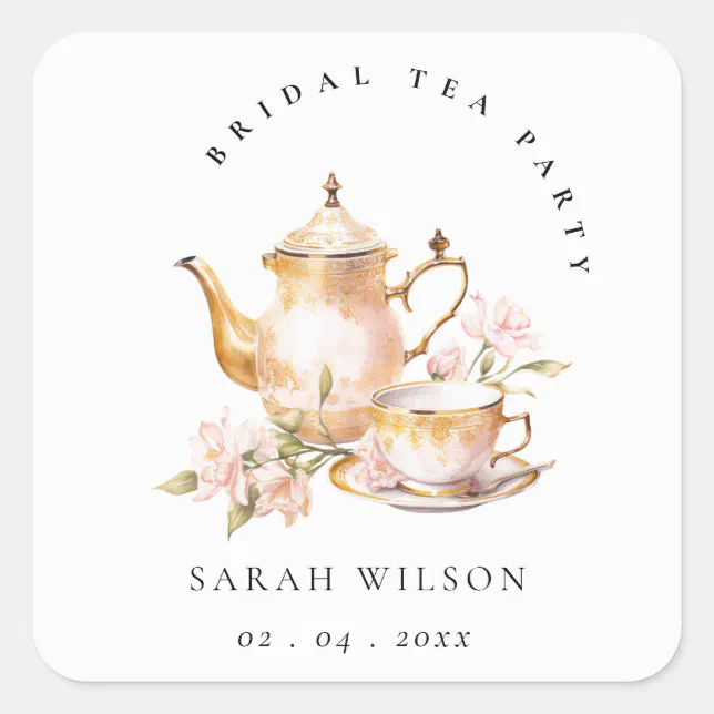 Pink Gold Floral Tea Set Bridal Shower Tea Party Square Sticker | Zazzle