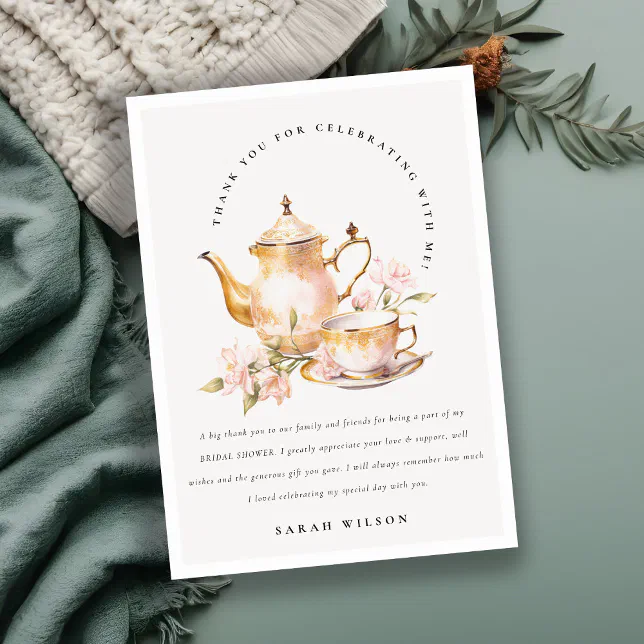Pink Gold Floral Tea Set Bridal Shower Tea Party Thank You Card | Zazzle