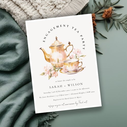 Pink Gold Floral Tea Set Engagement Tea Party  Invitation