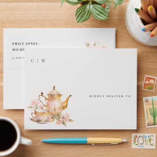 Pink Gold Floral Tea Set Watercolor Tea Party  Envelope