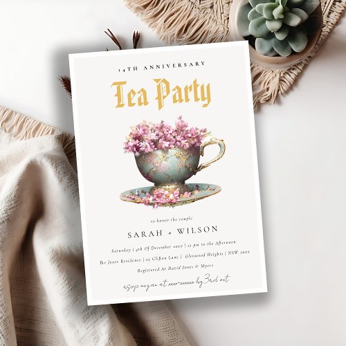 Pink Gold Floral Teacup Anniversary Tea Party  Invitation