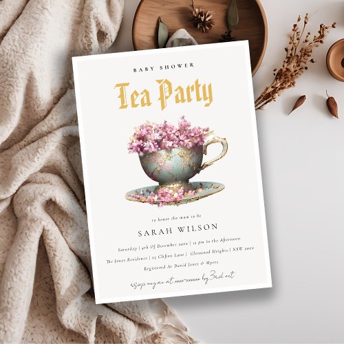 Pink Gold Floral Teacup Baby Shower Tea Party  Invitation