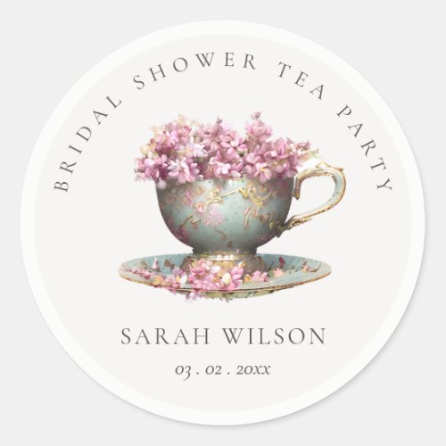 Pink Gold Floral Teacup Bridal Shower Tea Party  Classic Round Sticker