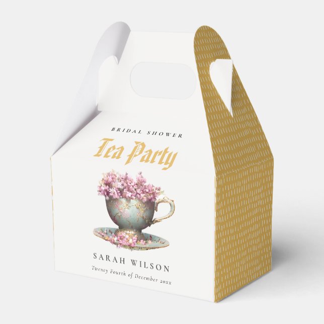 Pink Gold Floral Teacup Bridal Shower Tea Party  Favor Boxes (Front Side)