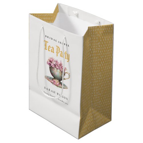 Pink Gold Floral Teacup Bridal Shower Tea Party  Medium Gift Bag