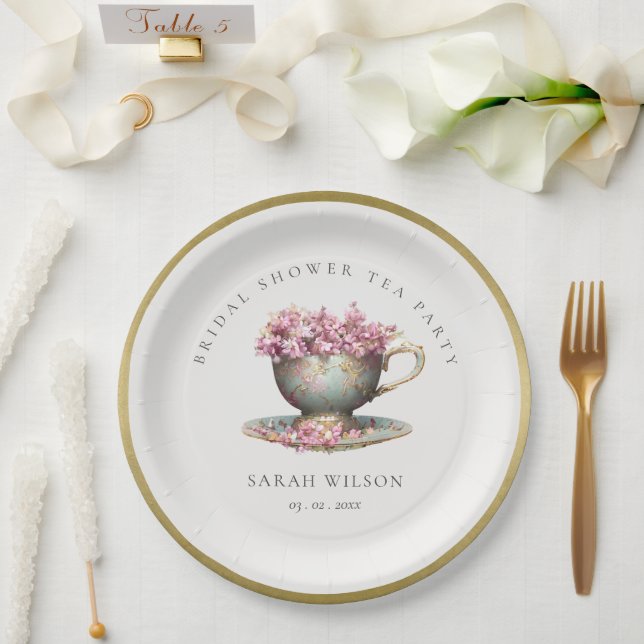 Pink Gold Floral Teacup Bridal Shower Tea Party  Paper Plates (Wedding)