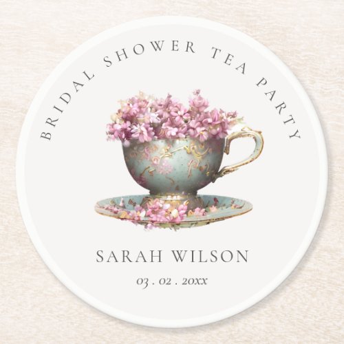 Pink Gold Floral Teacup Bridal Shower Tea Party  Round Paper Coaster