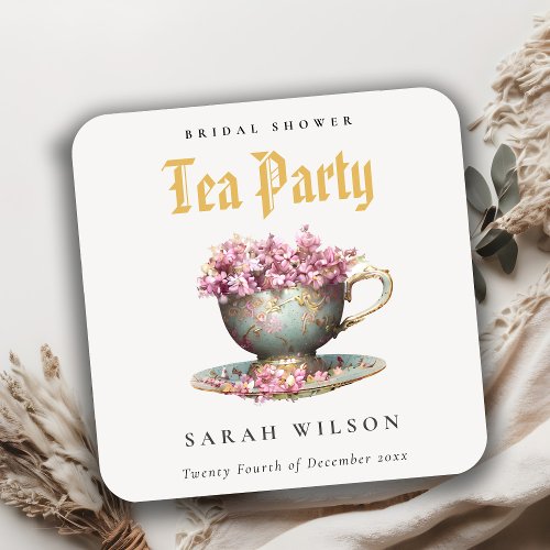 Pink Gold Floral Teacup Bridal Shower Tea Party  Square Paper Coaster