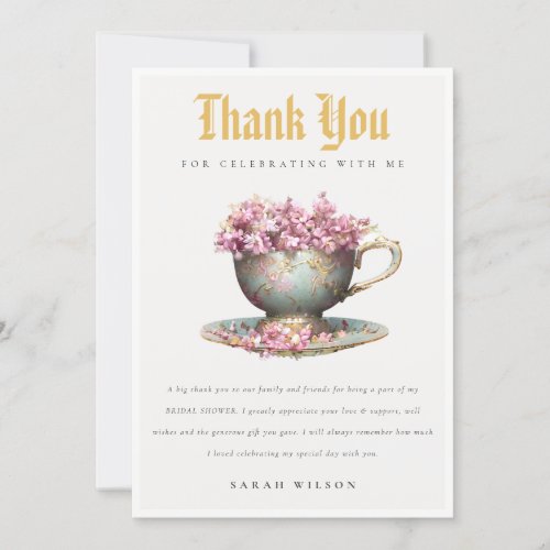 Pink Gold Floral Teacup Bridal Shower Tea Party  Thank You Card