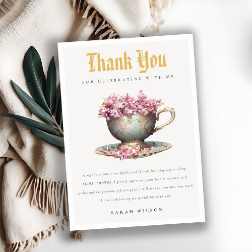 Pink Gold Floral Teacup Bridal Shower Tea Party  Thank You Card