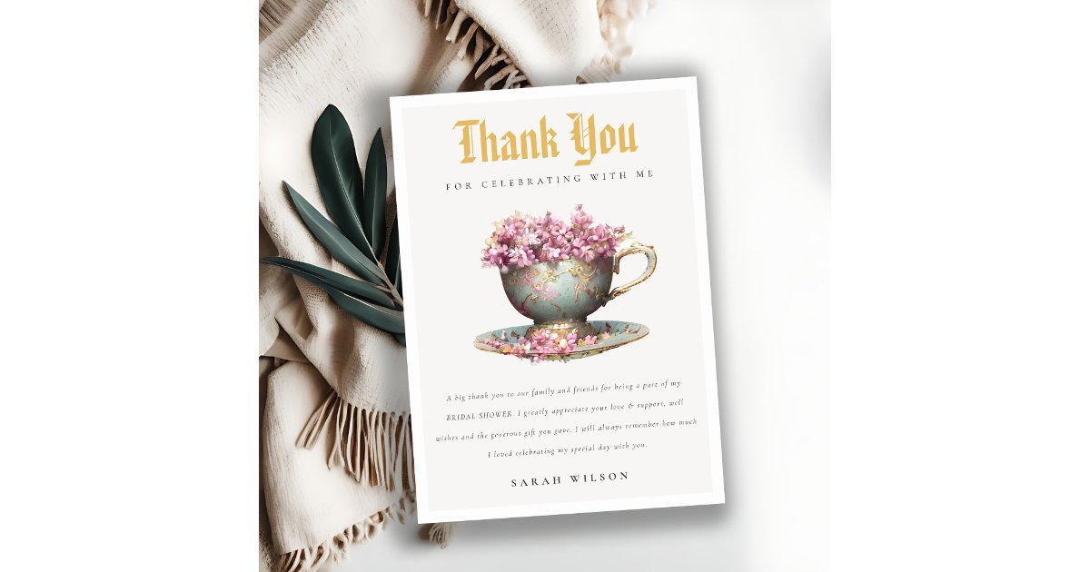 Pink Gold Floral Teacup Bridal Shower Tea Party Thank You Card | Zazzle
