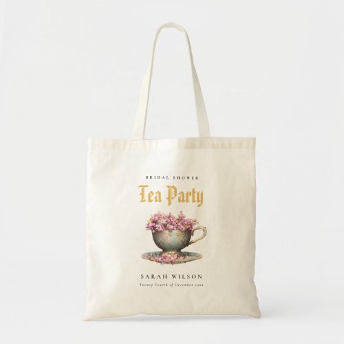 Pink Gold Floral Teacup Bridal Shower Tea Party  Tote Bag