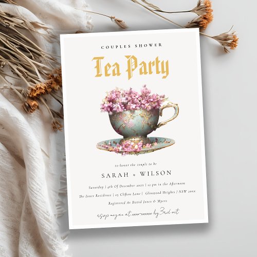 Pink Gold Floral Teacup Couples Shower Tea Party  Invitation