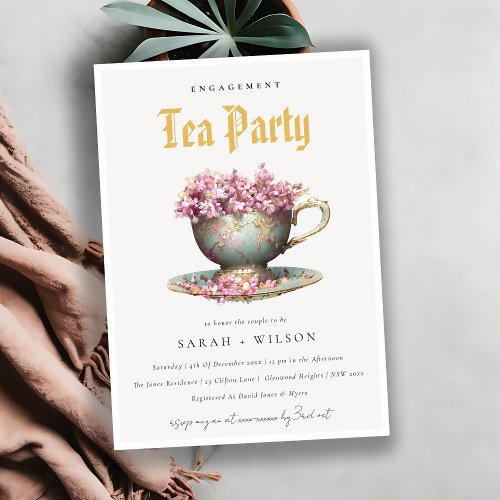 Pink Gold Floral Teacup Engagement Tea Party  Invitation
