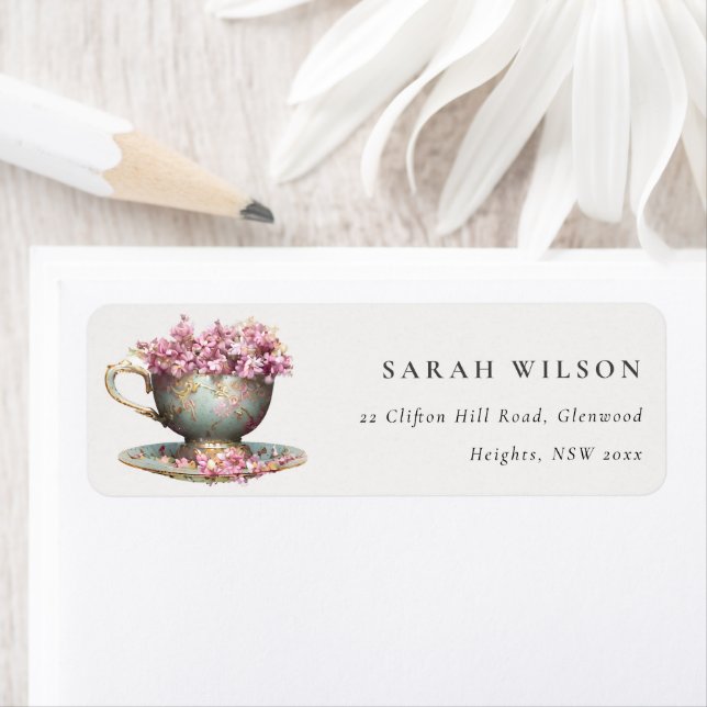Pink Gold Floral Teacup Tea Party Address Label (Insitu)