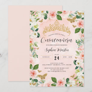 Pink Gold Floral Tiara Butterfly Quinceanera Invitation
