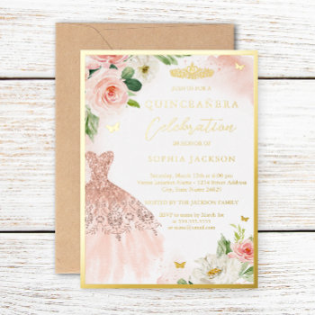 Pink Gold Floral Tiara Dress Elegant Quinceanera  Foil Invitation by LittleBayleigh at Zazzle