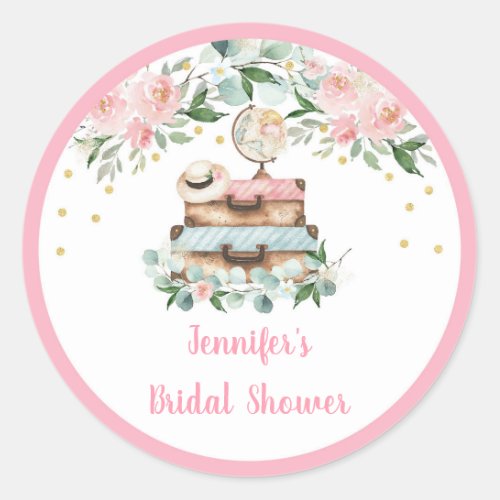 Pink Gold Floral Travel Bridal Shower Classic Round Sticker