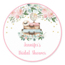 Pink Gold Floral Travel Bridal Shower Classic Round Sticker