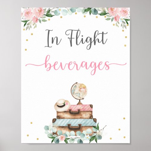 Pink Gold Floral Travel Bridal Shower Drinks Sign