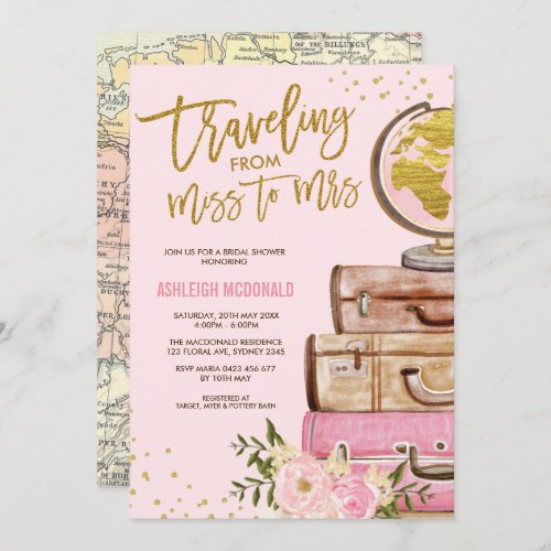 Pink  Gold Floral Travel Bridal Shower Invitation
