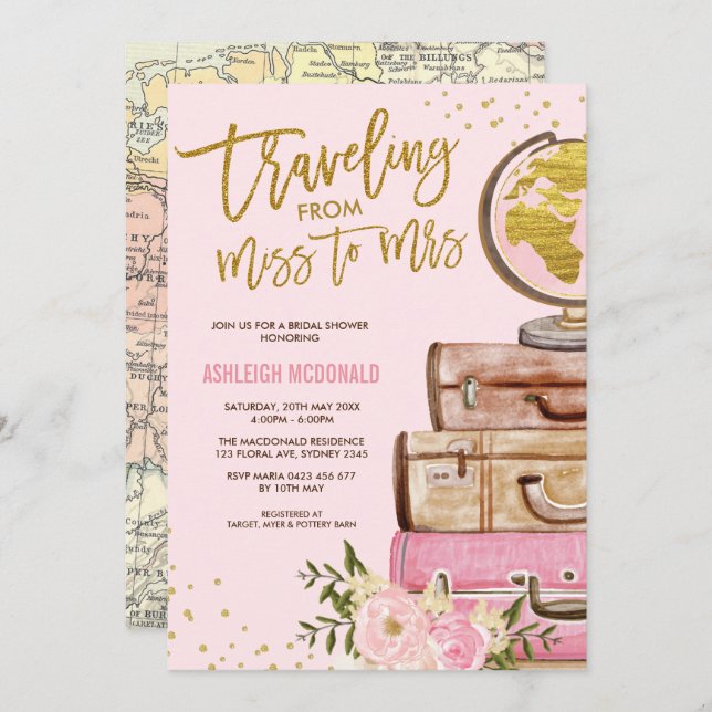Pink & Gold Floral Travel Bridal Shower Invitation (Front/Back)