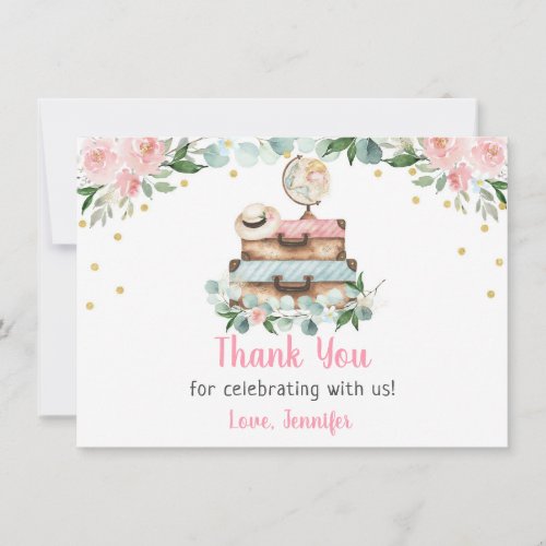 Pink Gold Floral Travel Bridal Shower Thank You Card