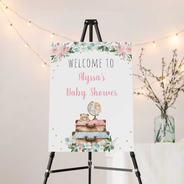 Pink Gold Floral Travel Bridal Shower Welcome Foam Board (In Situ (Stand))
