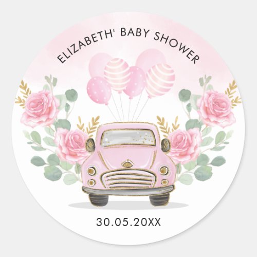 Pink Gold Floral Travel Drive By Shower Favors Classic Round Sticker