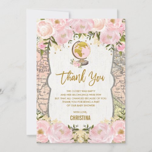 Pink Gold Floral Travel Map Baby Shower Thank You Card