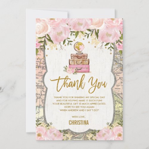 Pink Gold Floral Travel Map Bridal Shower Thank You Card
