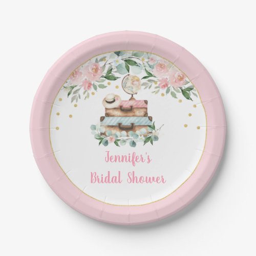 Pink Gold Floral Travel Miss To Mrs Bridal Shower Paper Plates