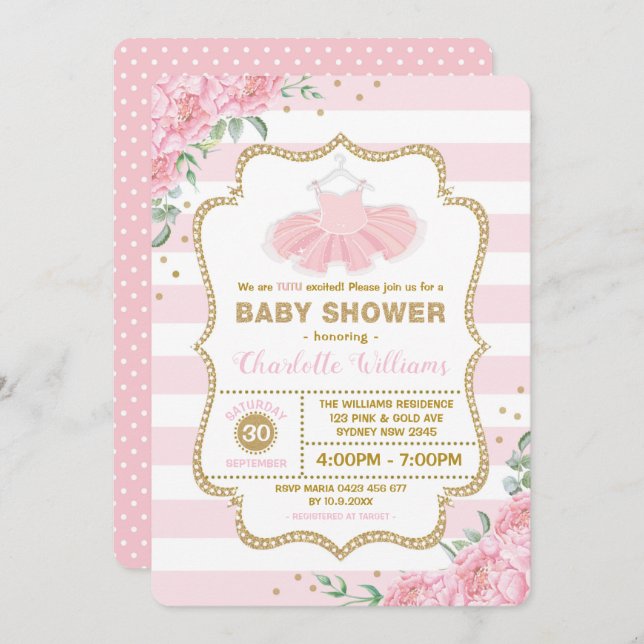 Pink Gold Floral Tutu Ballerina Girl Baby Shower Invitation (Front/Back)
