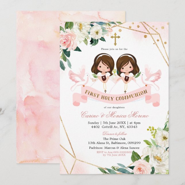 Pink & Gold Floral Twin Girl First Holy Communion Invitation (Front/Back)