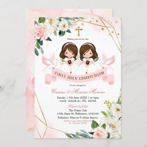 Pink  Gold Floral Twin Girl First Holy Communion Invitation