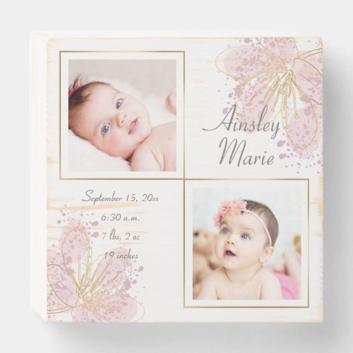 Pink Gold Floral Two Photo Baby Girl Birth Stats Wooden Box Sign