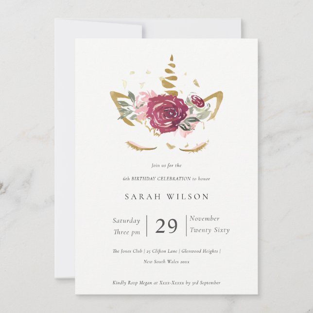 Pink Gold Floral Unicorn Any age Birthday Invite (Front)
