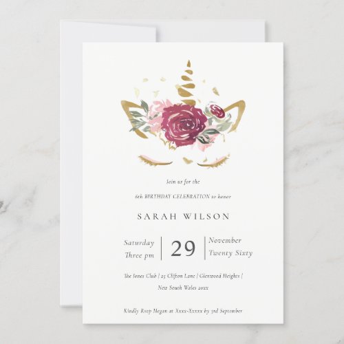 Pink Gold Floral Unicorn Any age Birthday Invite