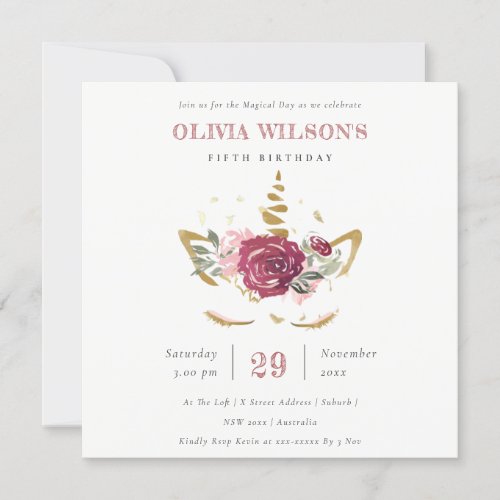 Pink Gold Floral Unicorn Any Age Birthday Invite
