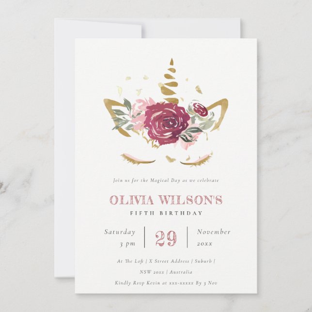 Pink Gold Floral Unicorn Any Age Birthday Invite (Front)