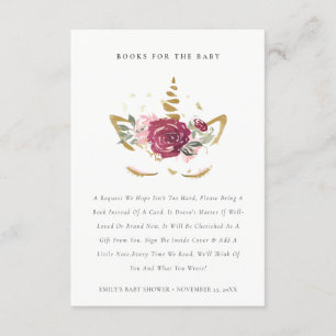 Pink Gold Floral Unicorn Books For Baby Shower Enclosure Card