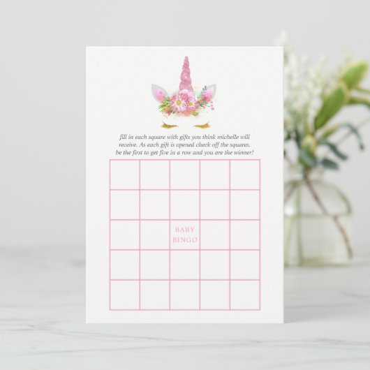 Pink & Gold Floral Unicorn Girl Baby Shower Bingo (Standing Front)